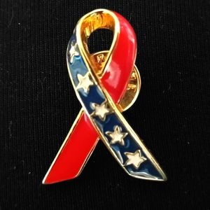 Vintage red/white/blue ribbon lapel pin. Goldtone, enamel. Perfect condition.